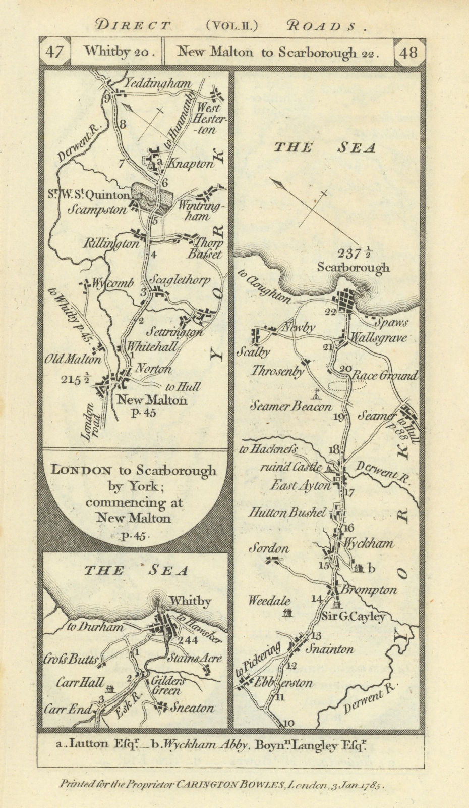 Whitby. New Malton-Wykeham-Scarborough road strip map PATERSON 1785 old